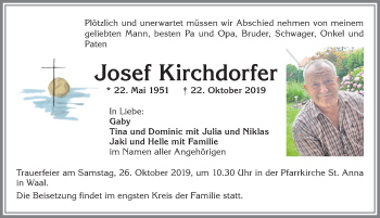 Traueranzeige von Josef Kirchdorfer von Allgäuer Zeitung, Kaufbeuren/Buchloe