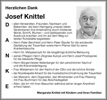 Traueranzeige von Josef Knittel von Memminger Zeitung