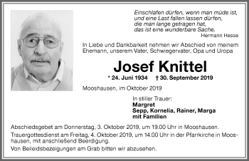 Traueranzeige von Josef Knittel von Memminger Zeitung