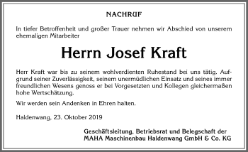 Traueranzeige von Josef Kraft von Allgäuer Zeitung,Kempten