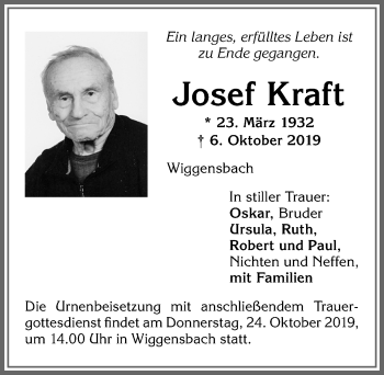 Traueranzeige von Josef Kraft von Allgäuer Zeitung,Kempten
