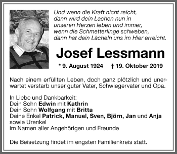 Traueranzeige von Josef Lessmann von Memminger Zeitung