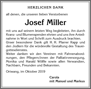 Traueranzeige von Josef Miller von Allgäuer Anzeigeblatt