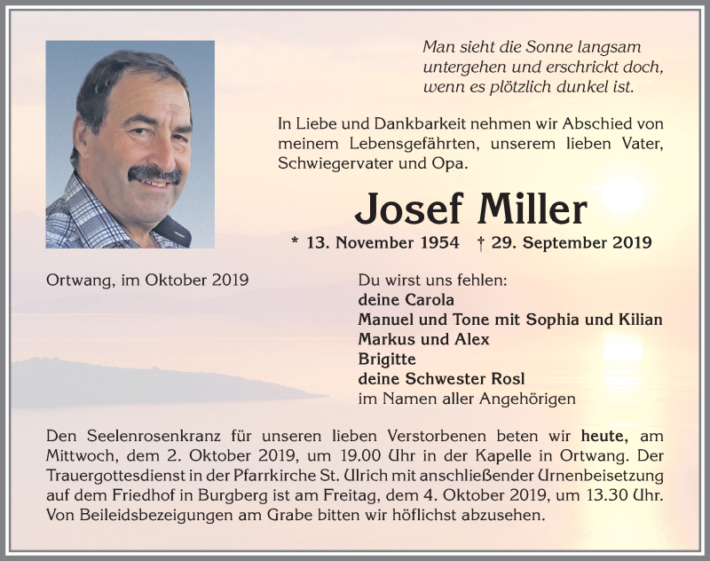  Traueranzeige für Josef Miller vom 02.10.2019 aus Allgäuer Anzeigeblatt
