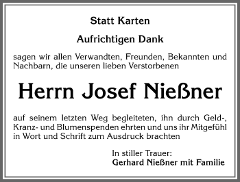 Traueranzeige von Josef Nießner von Allgäuer Anzeigeblatt