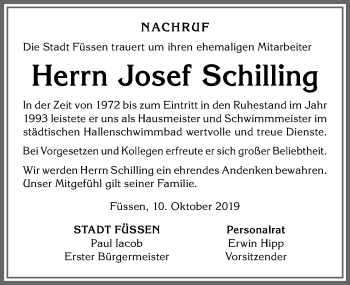 Traueranzeige von Josef Schilling von Allgäuer Zeitung, Füssen