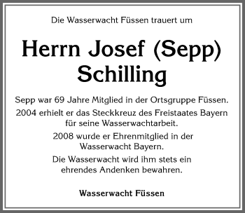 Traueranzeige von Josef Schilling von Allgäuer Zeitung, Füssen