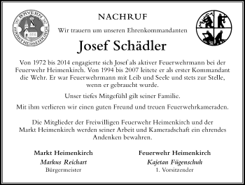 Traueranzeige von Josef Schädler von Der Westallgäuer