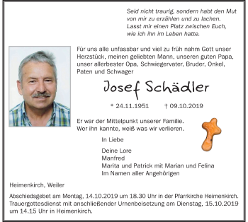 Traueranzeige von Josef Schädler von Der Westallgäuer
