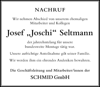 Traueranzeige von Josef Seltmann von Der Westallgäuer