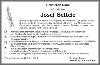 Traueranzeige von Josef Settele von Allgäuer Zeitung, Kaufbeuren/Buchloe