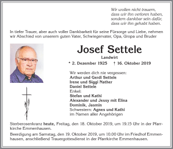 Traueranzeige von Josef Settele von Allgäuer Zeitung, Kaufbeuren/Buchloe