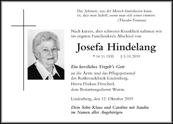 Traueranzeige von Josefa Hindelang von Der Westallgäuer