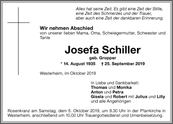 Traueranzeige von Josefa Schiller von Memminger Zeitung