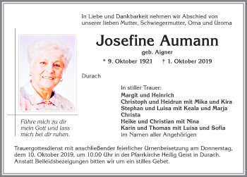 Traueranzeige von Josefine Aumann von Allgäuer Zeitung,Kempten