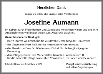 Traueranzeige von Josefine Aumann von Allgäuer Zeitung,Kempten