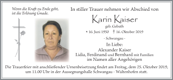 Traueranzeige von Karin Kaiser von Allgäuer Zeitung, Füssen