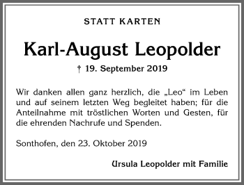 Traueranzeige von Karl-August Leopolder von Allgäuer Anzeigeblatt