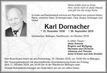 Traueranzeige von Karl Dornacher von Allgäuer Zeitung, Marktoberdorf