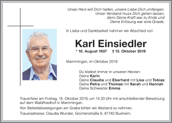 Traueranzeige von Karl Einsiedler von Memminger Zeitung