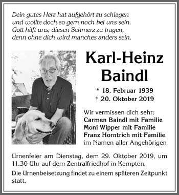 Traueranzeige von Karl-Heinz Baindl von Allgäuer Zeitung,Kempten