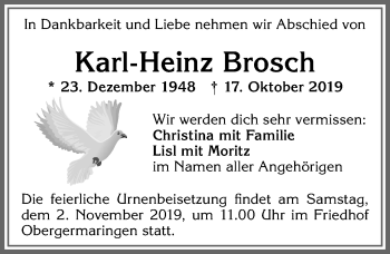 Traueranzeige von Karl-Heinz Brosch von Allgäuer Zeitung, Kaufbeuren/Buchloe