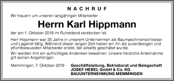 Traueranzeige von Karl Hippmann von Memminger Zeitung