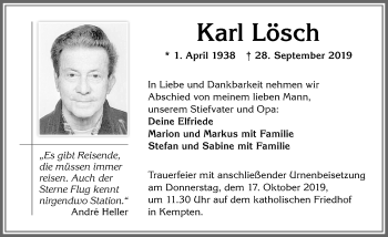 Traueranzeige von Karl Lösch von Allgäuer Zeitung,Kempten