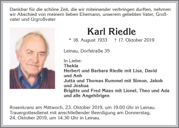 Traueranzeige von Karl Riedle von Allgäuer Zeitung, Kaufbeuren/Buchloe