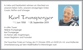 Traueranzeige von Karl Trunsperger von Memminger Zeitung