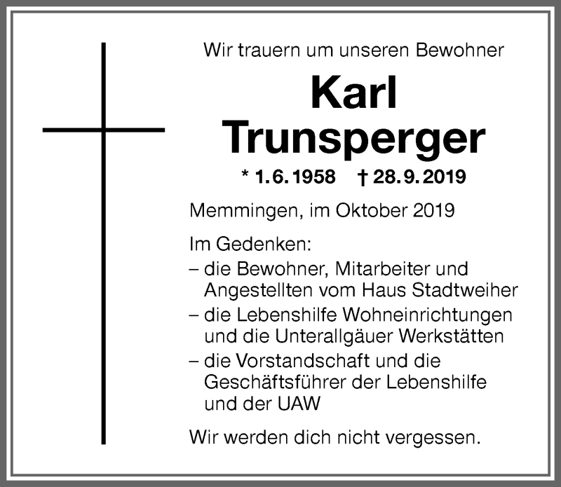  Traueranzeige für Karl Trunsperger vom 02.10.2019 aus Memminger Zeitung