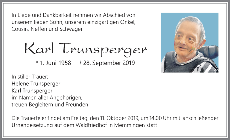  Traueranzeige für Karl Trunsperger vom 05.10.2019 aus Memminger Zeitung
