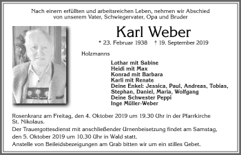 Traueranzeige von Karl Weber von Allgäuer Zeitung, Marktoberdorf