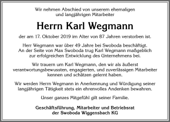 Traueranzeige von Karl Wegmann von Allgäuer Zeitung,Kempten