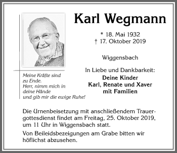 Traueranzeige von Karl Wegmann von Allgäuer Zeitung,Kempten