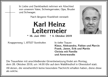 Traueranzeige von Karl Heinz Leitermeier von Allgäuer Anzeigeblatt