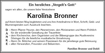 Traueranzeige von Karolina Bronner von Allgäuer Zeitung, Kaufbeuren/Buchloe