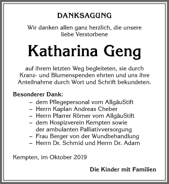 Traueranzeige von Katharina Geng von Allgäuer Zeitung,Kempten