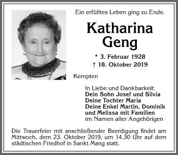 Traueranzeige von Katharina Geng von Allgäuer Zeitung,Kempten