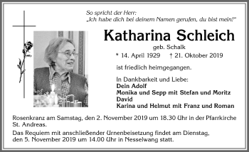 Traueranzeige von Katharina Schleich von Allgäuer Anzeigeblatt
