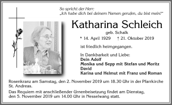 Traueranzeige von Katharina Schleich von Allgäuer Zeitung, Füssen