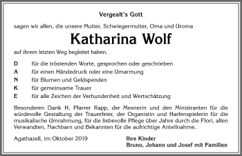 Traueranzeige von Katharina Wolf von Allgäuer Anzeigeblatt