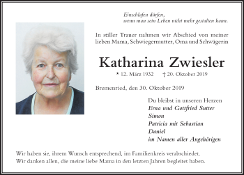 Traueranzeige von Katharina Zwiesler von Der Westallgäuer