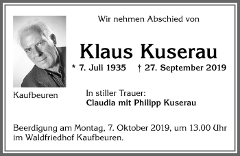 Traueranzeige von Klaus Kuserau von Allgäuer Zeitung, Kaufbeuren/Buchloe