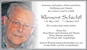 Traueranzeige von Klement Schichtl von Allgäuer Zeitung, Füssen