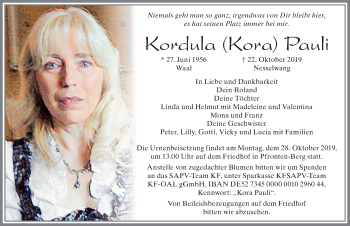 Traueranzeige von Kordula Pauli von Allgäuer Zeitung