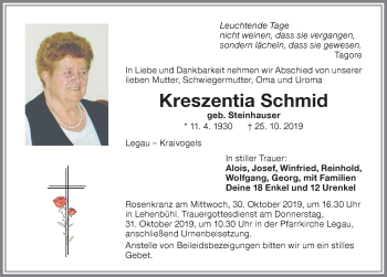 Traueranzeige von Kreszentia Schmid von Memminger Zeitung