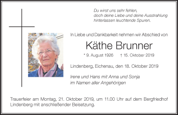 Traueranzeige von Käthe Brunner von Der Westallgäuer