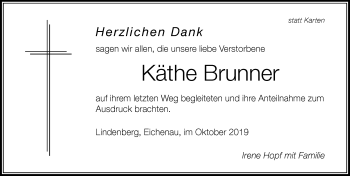 Traueranzeige von Käthe Brunner von Der Westallgäuer