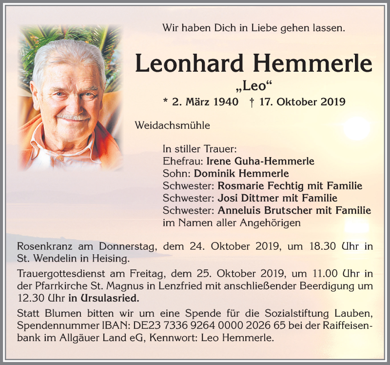  Traueranzeige für Leonhard Hemmerle vom 22.10.2019 aus Allgäuer Zeitung, Gesamtausgabe